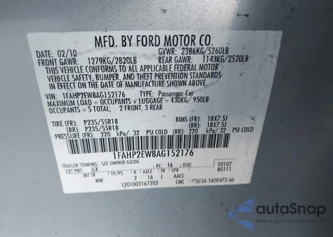 2010 Ford Taurus Sel из США, поврежденный, VIN 1FAHP2EW8AG152176